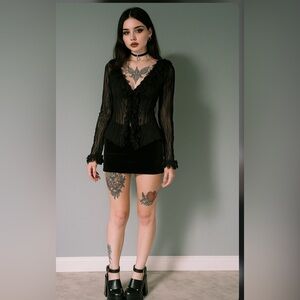 Punk Rave Goth Rock Fashion Black L/S Shirt Tops Steampunk Sheer L Y2k Collared